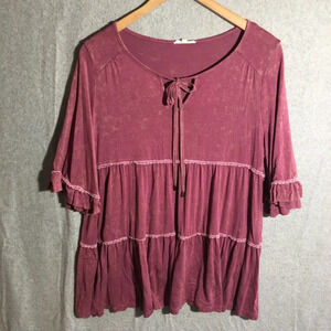 Womens Easel Blouse Mauve Tiered Acid Wash Feminine Lace Trim Witchy Whimsigoth